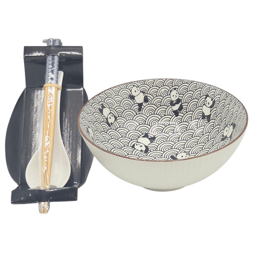 SH Home Black‎ Waves And Panda Bears Ceramic Ramen Noodle Bowl Chopstick & Spoon